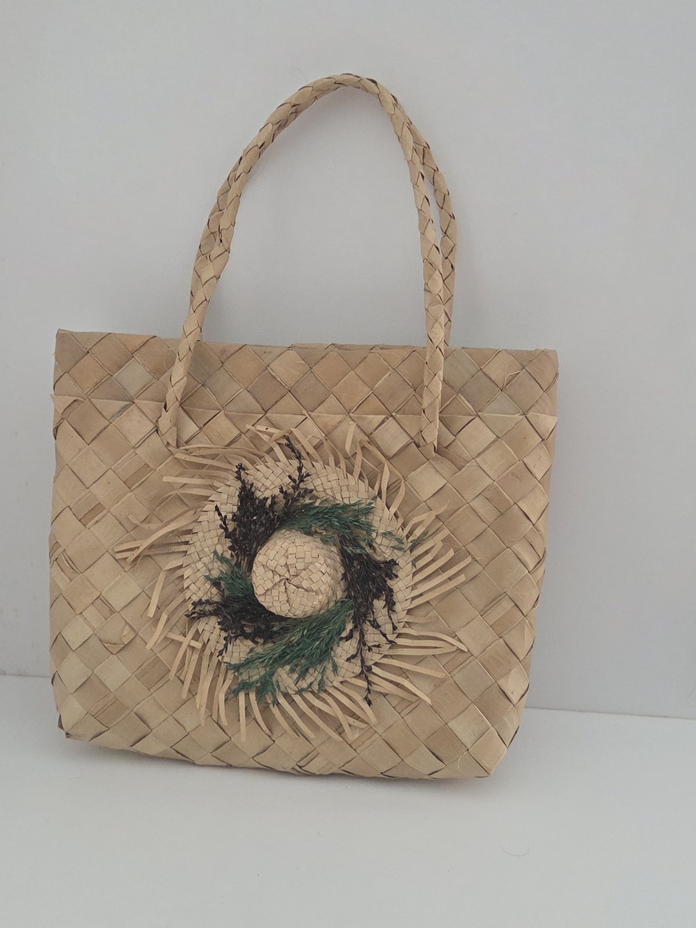 Handwoven Natural Straw Small Tote Bag with Decorative Accent